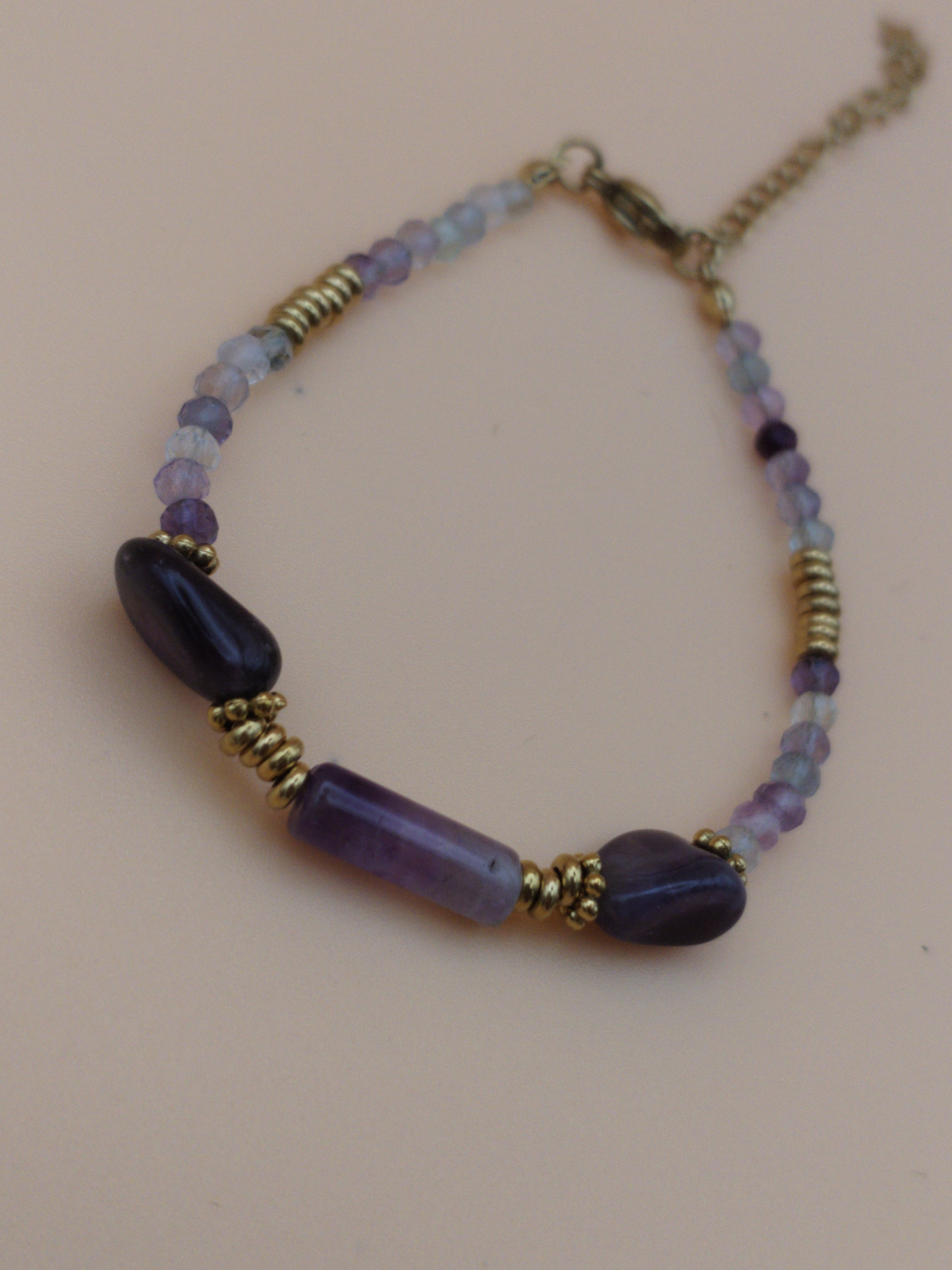 Bracelet Améthyste &amp; Perles Dorées – Qualité A