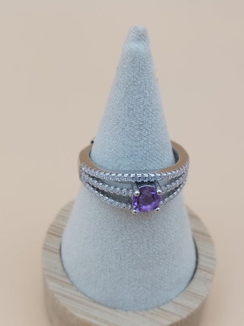 Bague argent rhodié améthyste facettée du Brésil qualité AAA