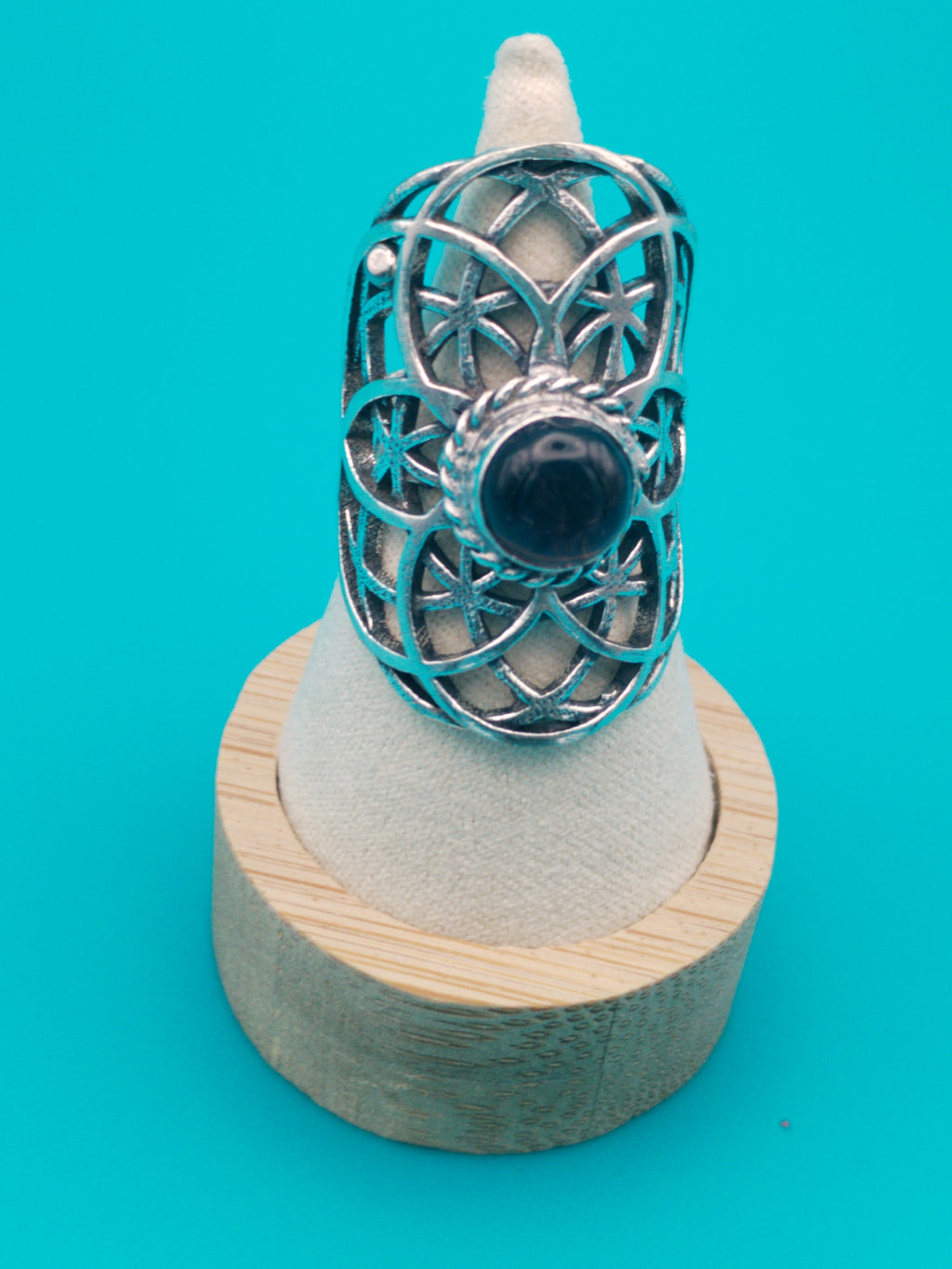 Bague Graine de Vie argentée &amp; améthyste – réglable