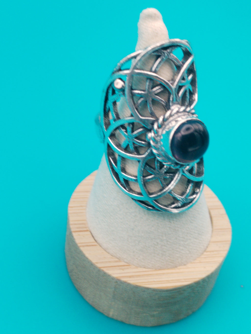 Bague Graine de Vie argentée &amp; améthyste – réglable