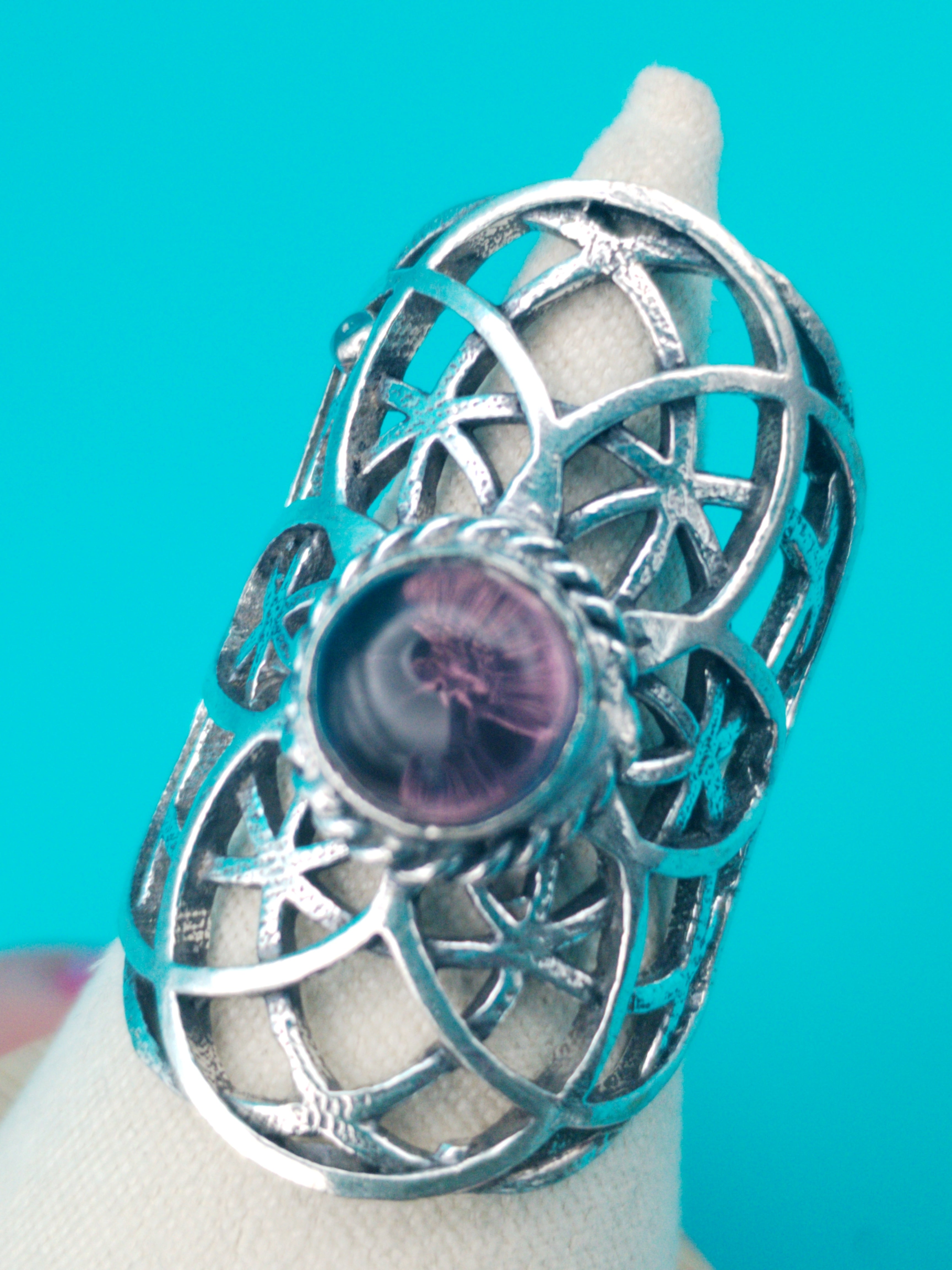 Bague Graine de Vie argentée &amp; améthyste – réglable