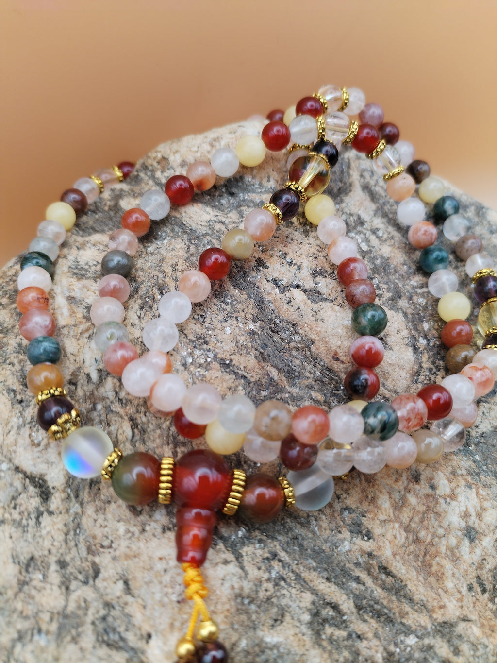 Mala 108 perles en agate, cristal de roche &amp; améthyste – bracelet/collier bohème